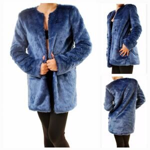 For Love and Lemons Blue Faux Fur Coat Size Small
